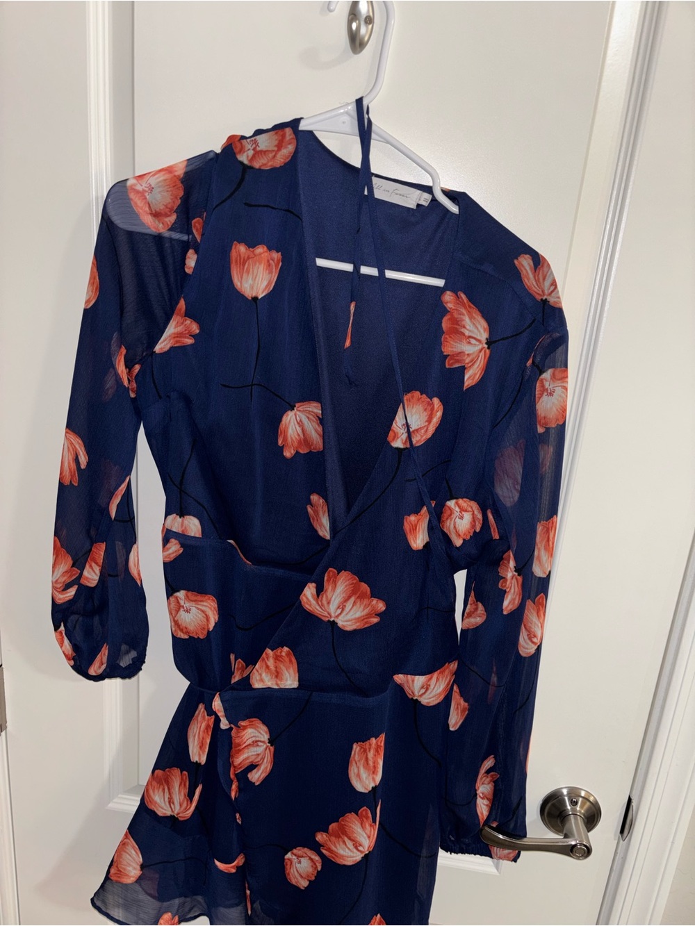 All in Favor Navy Wrap Dress with Coral Floral Print